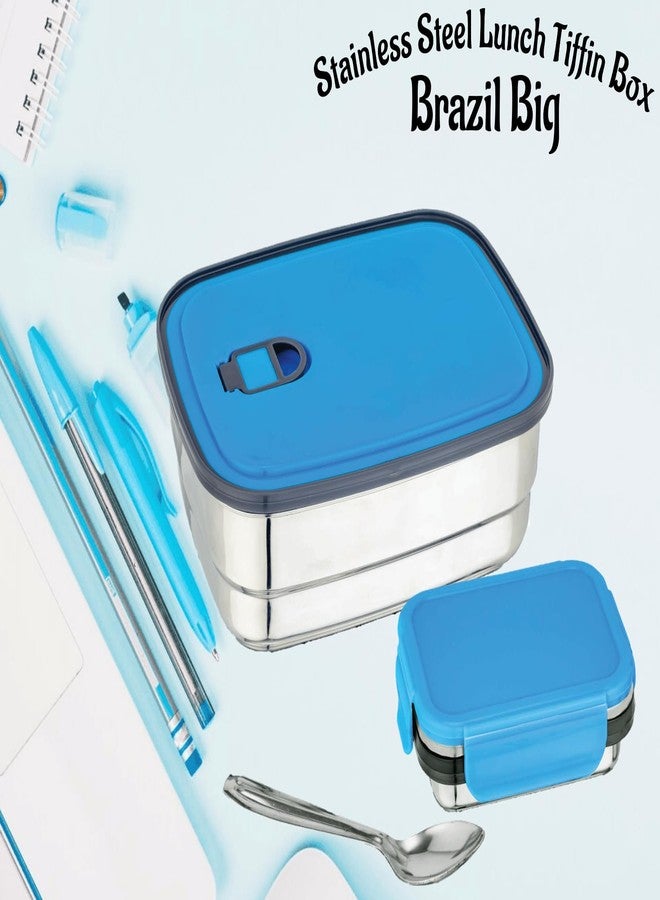 Nabhya Brazil Big Stainless Steel Tiffin Box for Kids, Airtight Leak Proof Lunch Box with Mini Katori Inside with Spoon | Meal Lunch Box for School, Boys & Girls-1220ml (Big, Blue) - Image 2